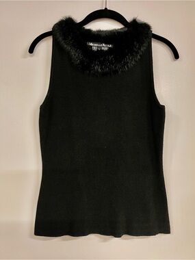Michelle Nicole Black Faux-Fur Trim Sleeveless Knit Tank